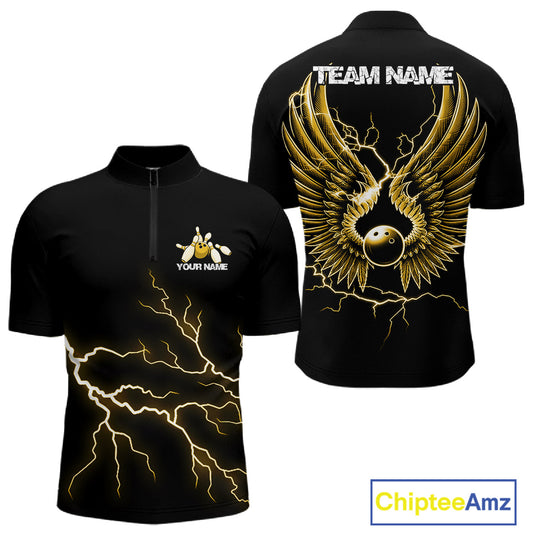 Custom Yellow Lightning Bowling Ball With Wings Bowling Men Team Shirt, Bowling Jerseys IPHW10732