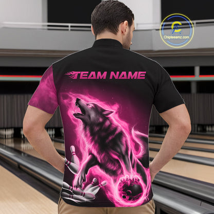 Pink Flame Wolf Custom Bowling Team Shirt For Men, Fire Wolf Bowling Jerseys IPHW10734