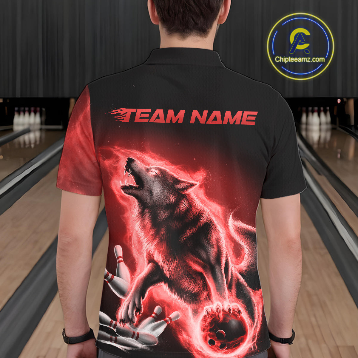 Red Flame Wolf Custom Bowling Team Shirt For Men, Fire Wolf Bowling Jerseys IPHW10735