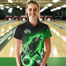 Load image into Gallery viewer, Green Flame Wolf Custom Bowling Team Shirt For Women, Fire Wolf Bowling Jerseys IPHW10736