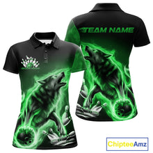 Load image into Gallery viewer, Green Flame Wolf Custom Bowling Team Shirt For Women, Fire Wolf Bowling Jerseys IPHW10736