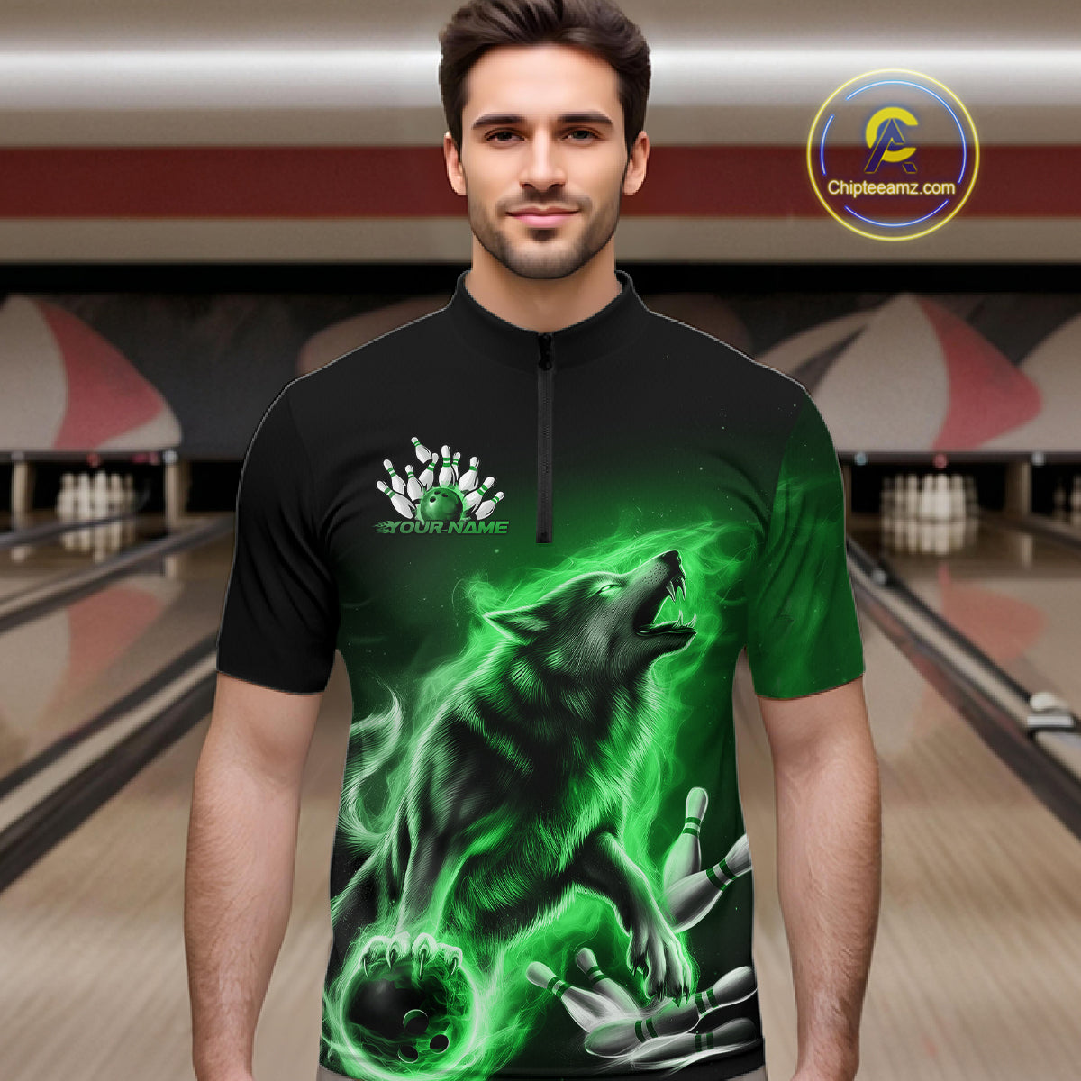 Green Flame Wolf Custom Bowling Team Shirt For Men, Fire Wolf Bowling Jerseys IPHW10736