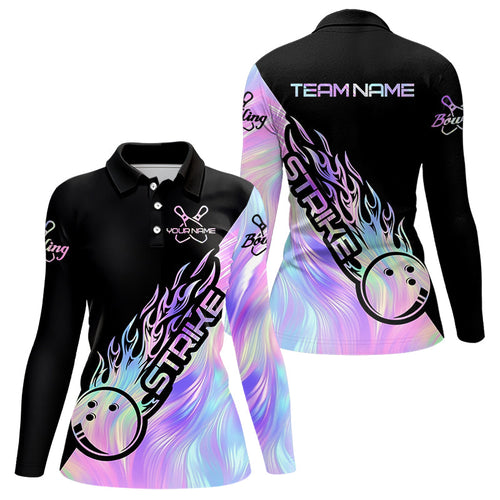 Strike Bowling Women Long Sleeve Polo Shirt, Custom Hologram Bowling Team Shirt Bowler Outfit IPHW5242