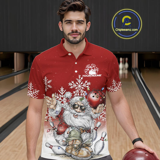 Custom Funny Santa Claus Christmas Bowling Men Polo Shirts, Xmas Bowling Team Shirt IPHW10108
