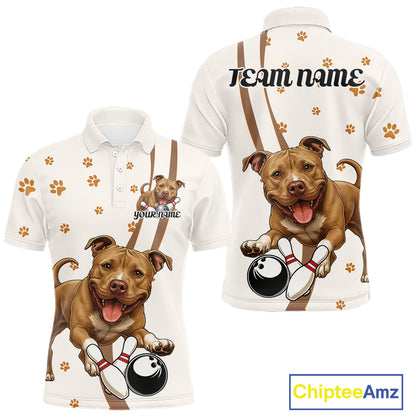 Custom Funny Brown Pitbull Dog Bowling Men Polo Shirts, Dog Paw Print Bowler Outfit IPHW10248