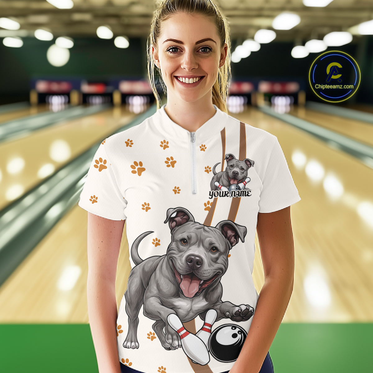 Custom Funny Pitbull Dog Bowling Women Quarter-Zip Shirts, Dog Paw Print Bowler Outfit IPHW10249