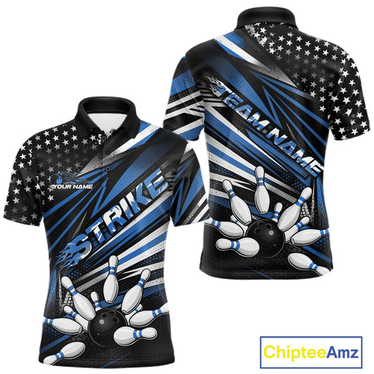 Custom Black And Blue US Flag Patriotic Strike Bowling Team Shirt, Freedom Bowling League Shirt Bowler Jerseys IPHW10458
