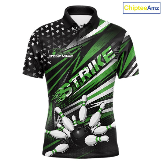 Custom Black And Green US Flag Patriotic Strike Bowling Team Shirt, Freedom Bowling League Shirt Bowler Jerseys IPHW10459