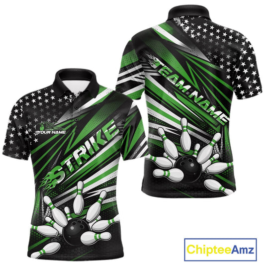Custom Black And Green US Flag Patriotic Strike Bowling Team Shirt, Freedom Bowling League Shirt Bowler Jerseys IPHW10459