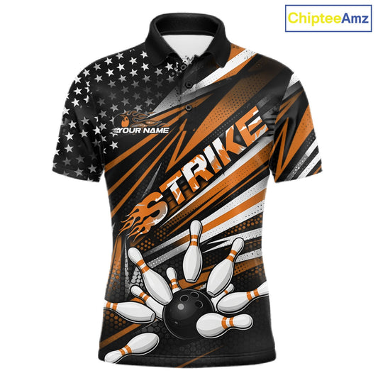 Custom Black And Orange US Flag Patriotic Strike Bowling Team Shirt, Freedom Bowling League Shirt Bowler Jersey IPHW10460