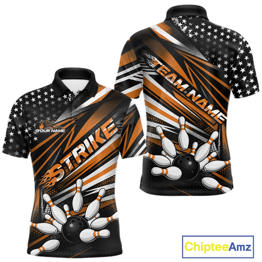 Custom Black And Orange US Flag Patriotic Strike Bowling Team Shirt, Freedom Bowling League Shirt Bowler Jersey IPHW10460