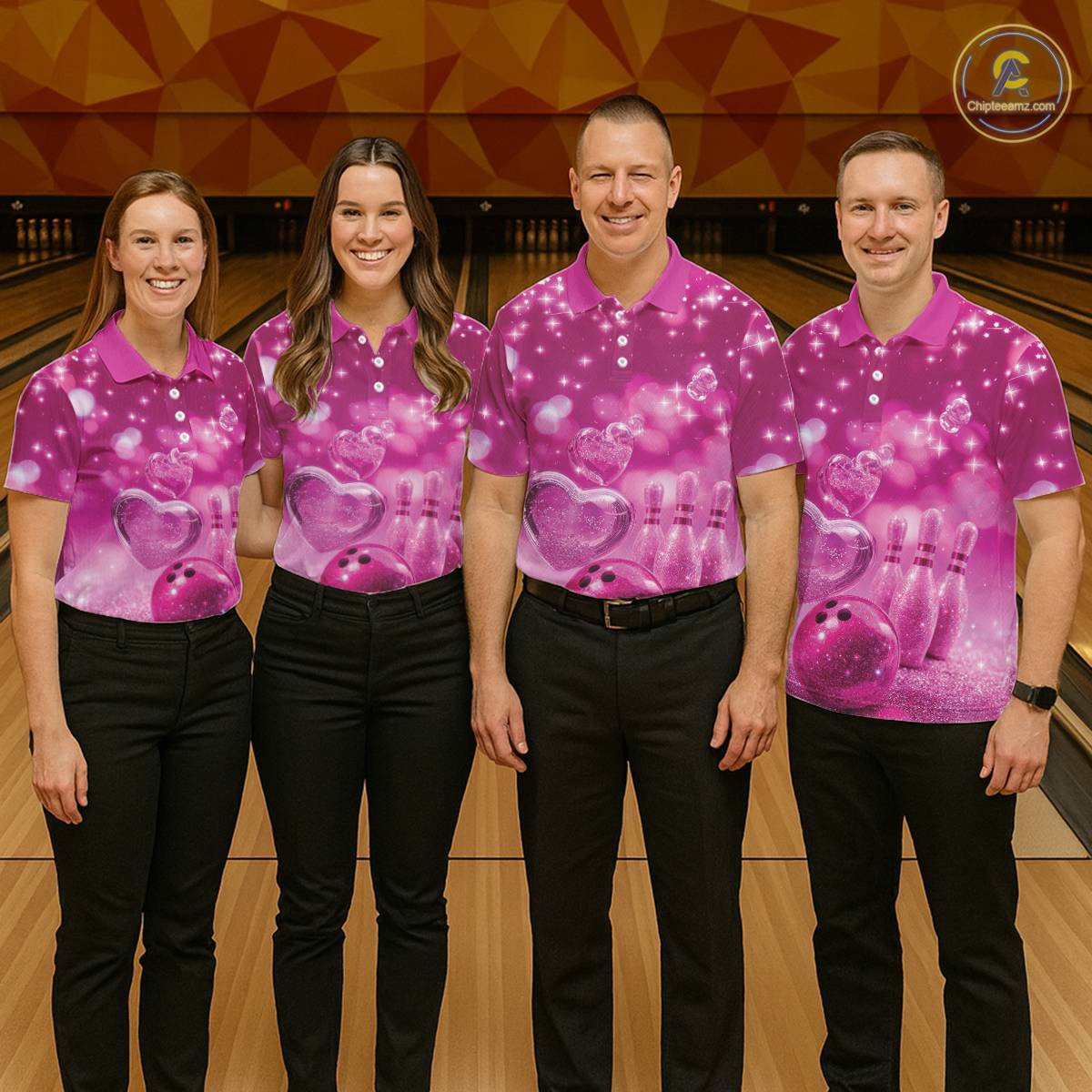 Custom Pink Valentine Bowling Couple Shirts, Pink Heart Theme Bowling Jerseys With His Name And Her Name IPHW10466