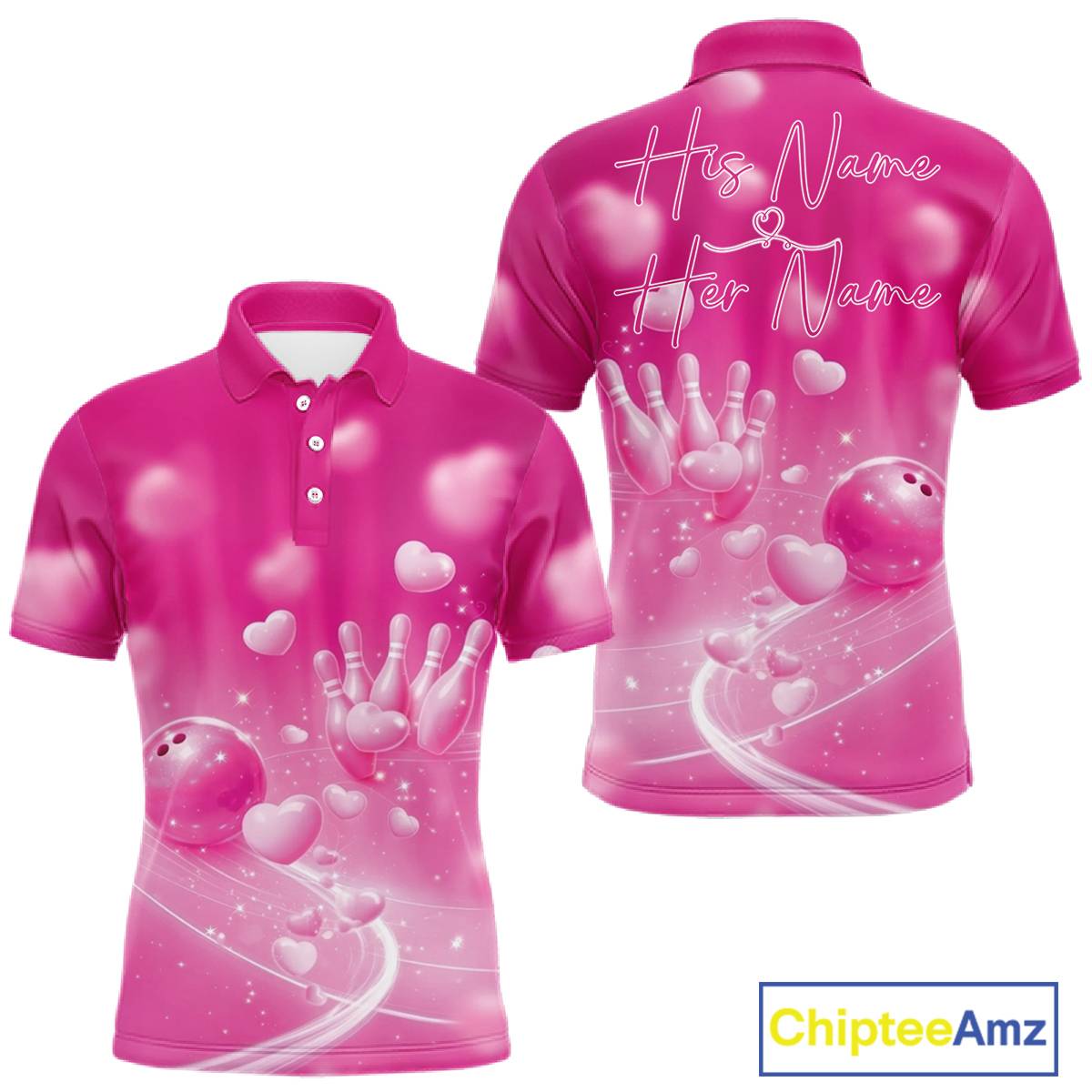 Custom Pink Valentine Bowling Couple Shirts, Pink Heart Theme Bowling Jerseys With His Name And Her Name IPHW10468