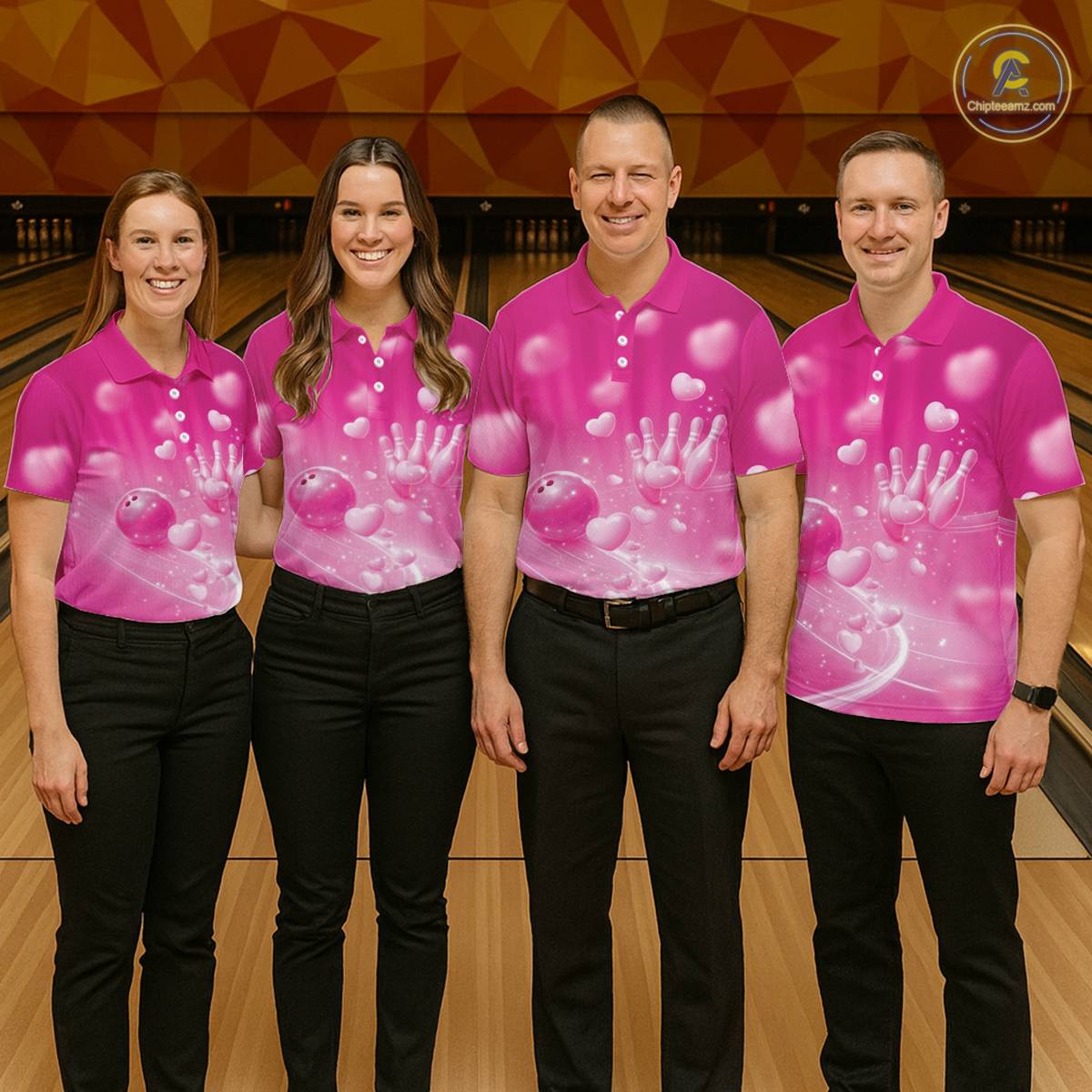 Custom Pink Valentine Bowling Couple Shirts, Pink Heart Theme Bowling Jerseys With His Name And Her Name IPHW10468
