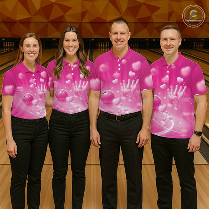 Custom Pink Valentine Bowling Couple Shirts, Pink Heart Theme Bowling Jerseys With His Name And Her Name IPHW10468