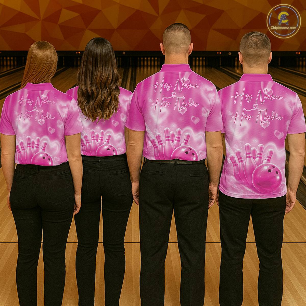 Custom Pink Valentine Bowling Couple Shirts, Pink Heart Theme Bowling Jerseys With His Name And Her Name IPHW10470