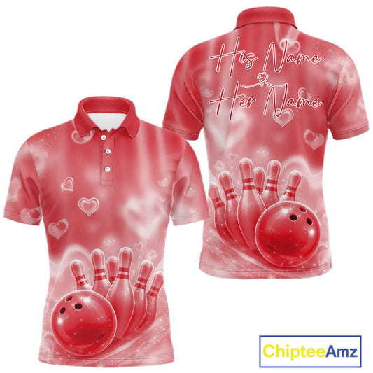 Custom Red Valentine Bowling Couple Shirts, Red Heart Theme Bowling Jerseys With His Name And Her Name IPHW10471
