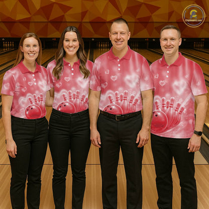 Custom Red Valentine Bowling Couple Shirts, Red Heart Theme Bowling Jerseys With His Name And Her Name IPHW10471