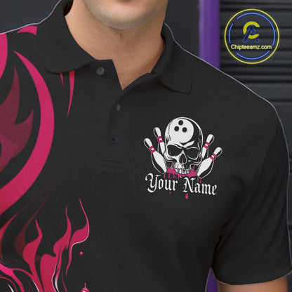 Custom Black And Pink Tribal Flame Bowling Men Shirts, Bowling League Shirt Team Jerseys IPHW10737