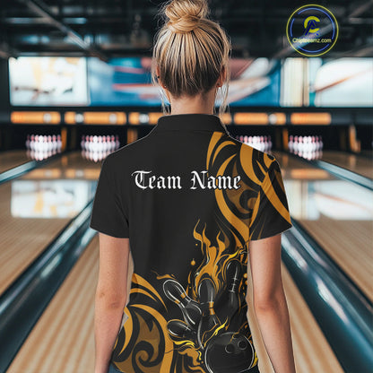 Custom Black And Yellow Tribal Flame Bowling Women Shirt, Bowling League Shirt Team Jerseys IPHW10739