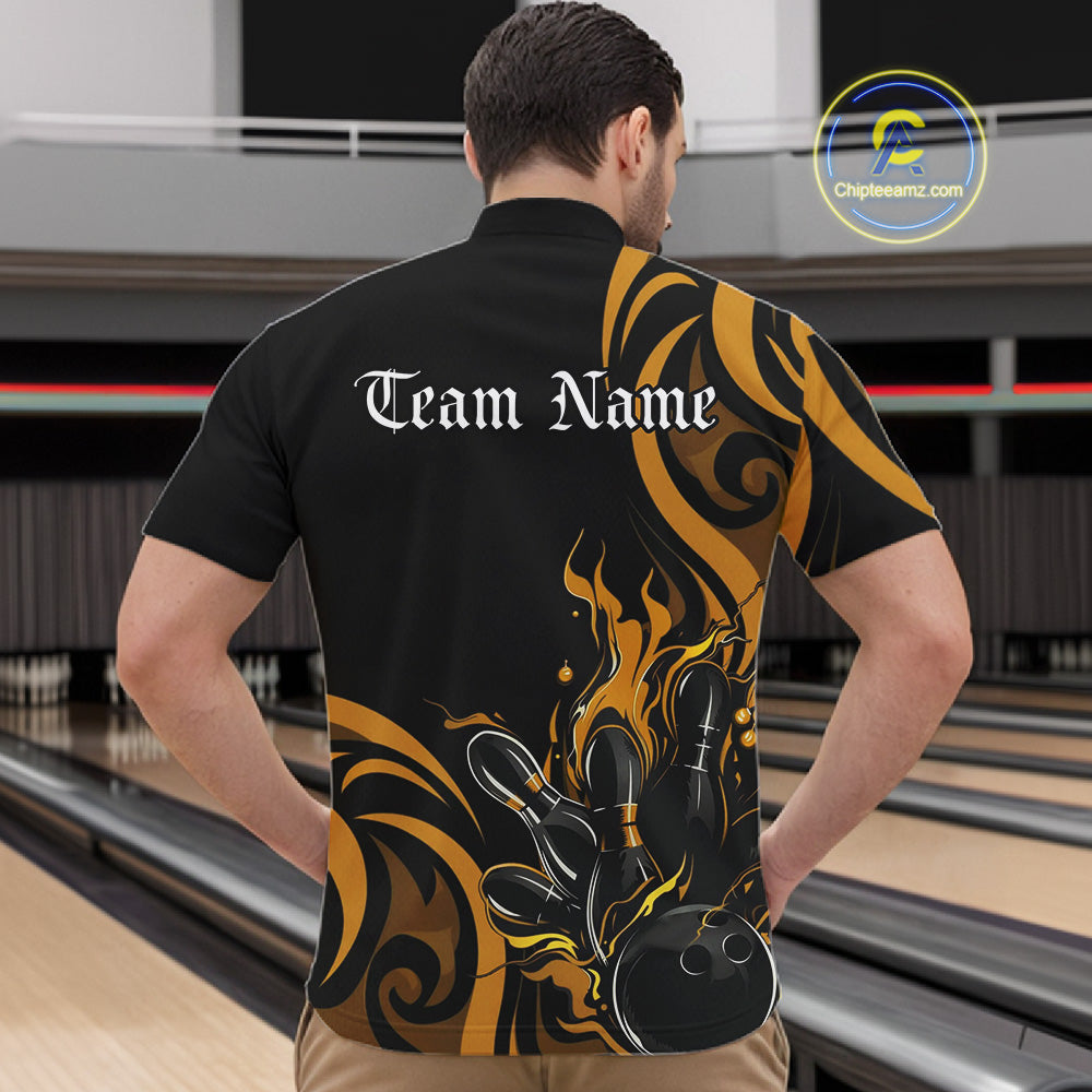 Custom Black And Yellow Tribal Flame Bowling Men Shirt, Bowling League Shirt Team Jerseys IPHW10739