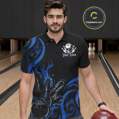 Custom Black And Blue Tribal Flame Bowling Men Shirt, Bowling League Shirt Team Jerseys IPHW10740
