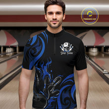 Load image into Gallery viewer, Custom Black And Blue Tribal Flame Bowling Men Shirt, Bowling League Shirt Team Jerseys IPHW10740