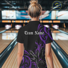 Load image into Gallery viewer, Custom Black And Purple Tribal Flame Bowling Women Shirt, Bowling League Shirt Team Jerseys IPHW10741