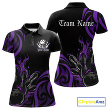 Load image into Gallery viewer, Custom Black And Purple Tribal Flame Bowling Women Shirt, Bowling League Shirt Team Jerseys IPHW10741