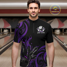 Load image into Gallery viewer, Custom Black And Purple Tribal Flame Bowling Men Shirt, Bowling League Shirt Team Jerseys IPHW10741