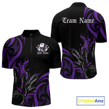 Load image into Gallery viewer, Custom Black And Purple Tribal Flame Bowling Men Shirt, Bowling League Shirt Team Jerseys IPHW10741