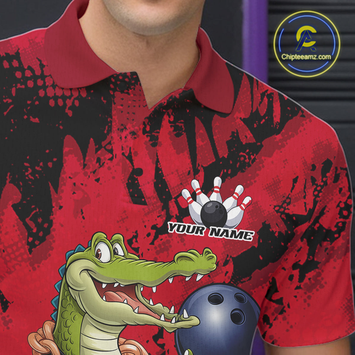 Red Custom Funny Alligator Bowling Men Polo Shirt, Bowling Team Jerseys Bowler Outfit IPHW10772