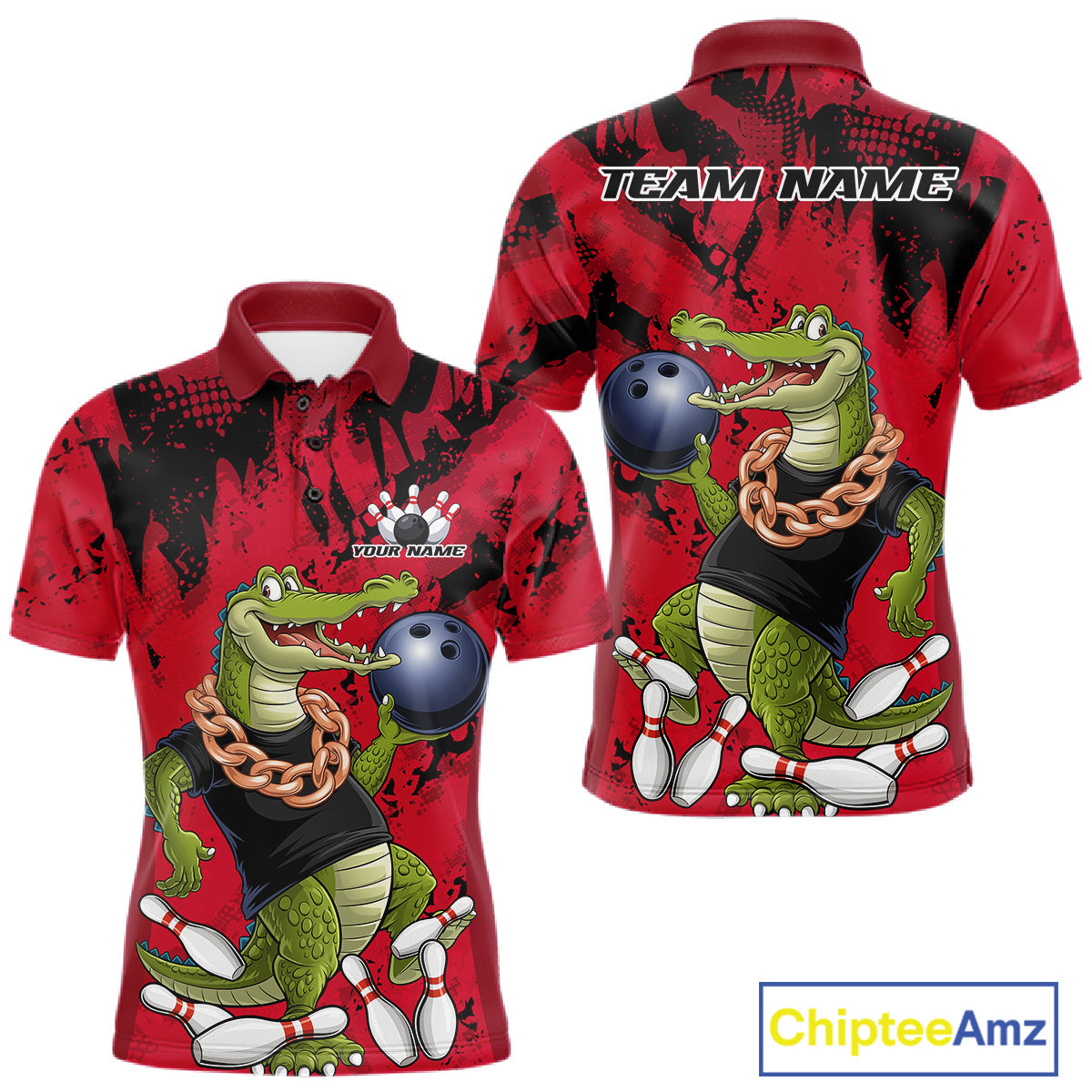 Red Custom Funny Alligator Bowling Men Polo Shirt, Bowling Team Jerseys Bowler Outfit IPHW10772