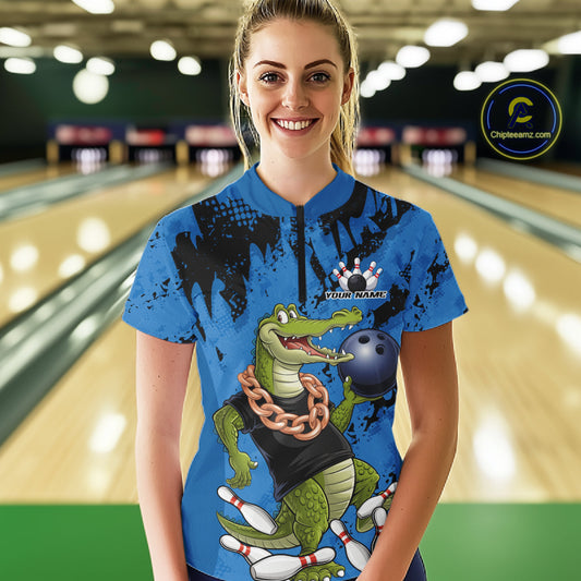 Blue Custom Funny Alligator Bowling Women Shirt, Bowling Team Jerseys Bowler Outfit IPHW10773