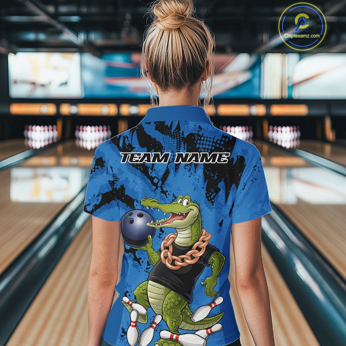 Blue Custom Funny Alligator Bowling Women Shirt, Bowling Team Jerseys Bowler Outfit IPHW10773