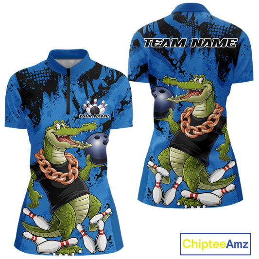 Blue Custom Funny Alligator Bowling Women Shirt, Bowling Team Jerseys Bowler Outfit IPHW10773