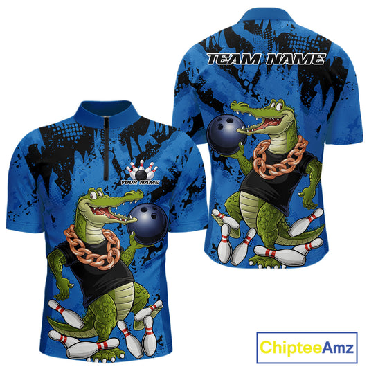 Blue Custom Funny Alligator Bowling Men Quarter-Zip Shirt, Bowling Team Jerseys Bowler Outfit IPHW10773
