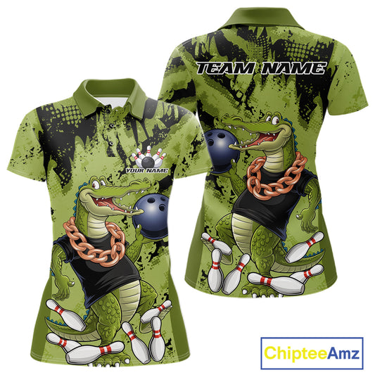 Green Custom Funny Alligator Bowling Women Polo Shirt, Bowling Team Jerseys Bowler Outfit IPHW10774