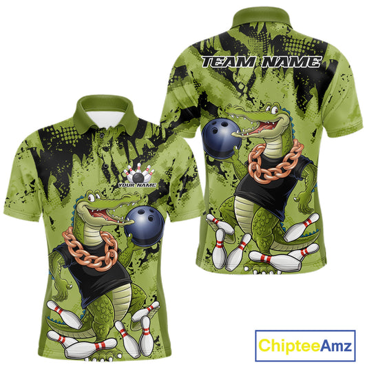 Green Custom Funny Alligator Bowling Men Polo Shirt, Bowling Team Jerseys Bowler Outfit IPHW10774