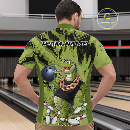 Green Custom Funny Alligator Bowling Men Quarter-Zip Shirt, Bowling Team Jerseys Bowler Outfit IPHW10774