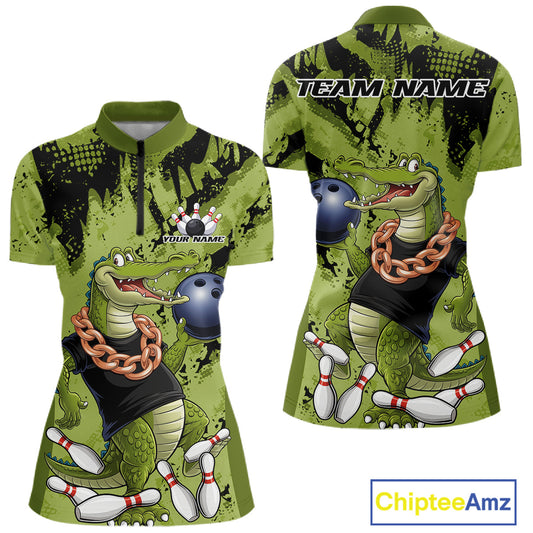 Green Custom Funny Alligator Bowling Women Shirt, Bowling Team Jerseys Bowler Outfit IPHW10774