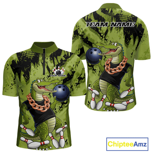 Green Custom Funny Alligator Bowling Men Quarter-Zip Shirt, Bowling Team Jerseys Bowler Outfit IPHW10774