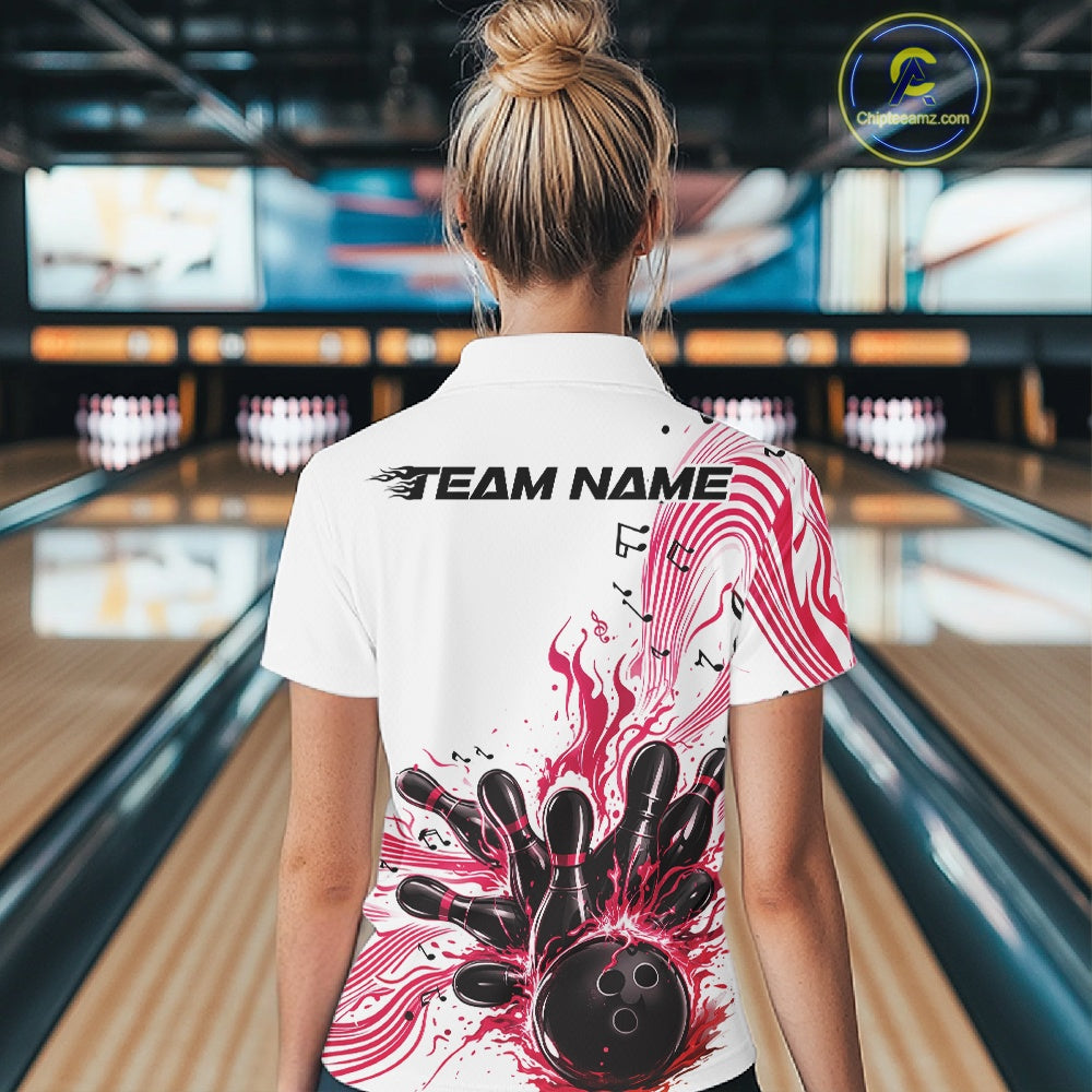 Back view of a female model in a white and pink bowling polo shirt displaying bowling strike graphics with music note details.