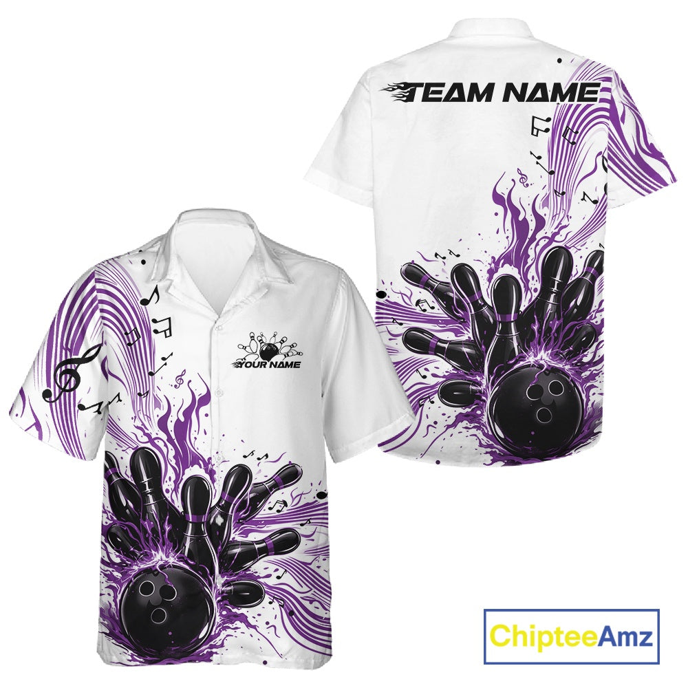 Front and back views of a white and purple button-up bowling shirt showcasing bowling strike artwork accented by musical wave motifs.