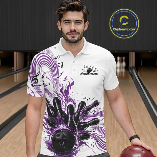 Male model wearing a white and purple bowling polo shirt at the bowling lane with musical bowling artwork and wave accents.