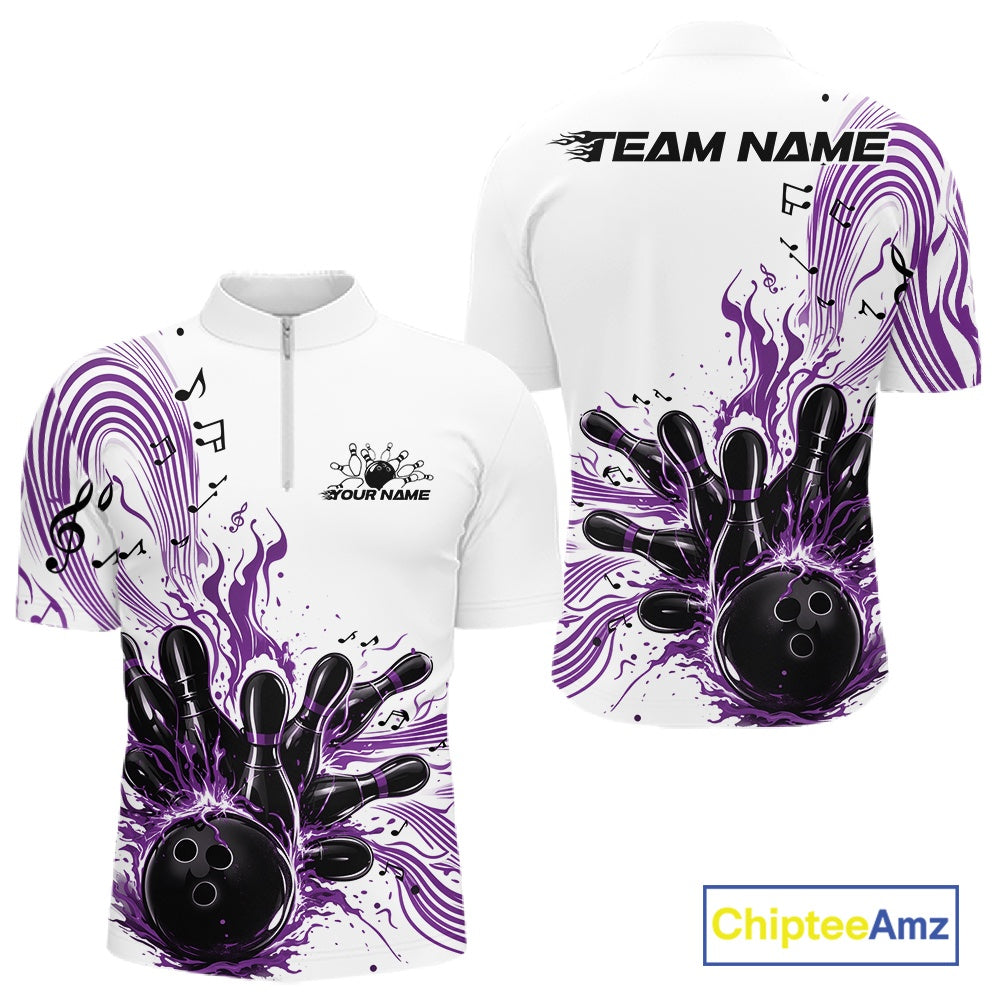 Front and back views of a white and purple mens bowling quarter-zip shirt featuring bowling pins, a bowling ball, and music note wave accents.