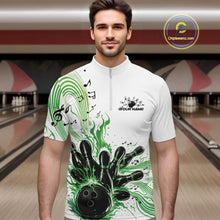 Load image into Gallery viewer, Custom Green Music Flame Bowling Men Quarter-Zip Shirt, Bowling League Shirt Bowler Jerseys IPHW10996