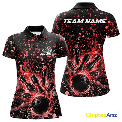 Front and back views of a black womens bowling polo shirt featuring flaming bowling artwork with red paint splatter accents.