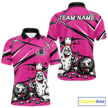 Load image into Gallery viewer, Pink polo shirt with funny drunk bowling ball and pins cartoon design