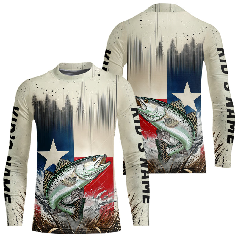 Custom Texas Flag Spekcled Trout Kid Long Sleeve Tournament Fishing Shirt IPHW9352